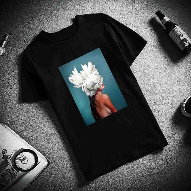 Harajuku Aesthetics Tshirt Sexy Flowers Feather Print Short T shirt